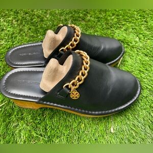 Tory Burch Black Leather Mules with Gold Chain